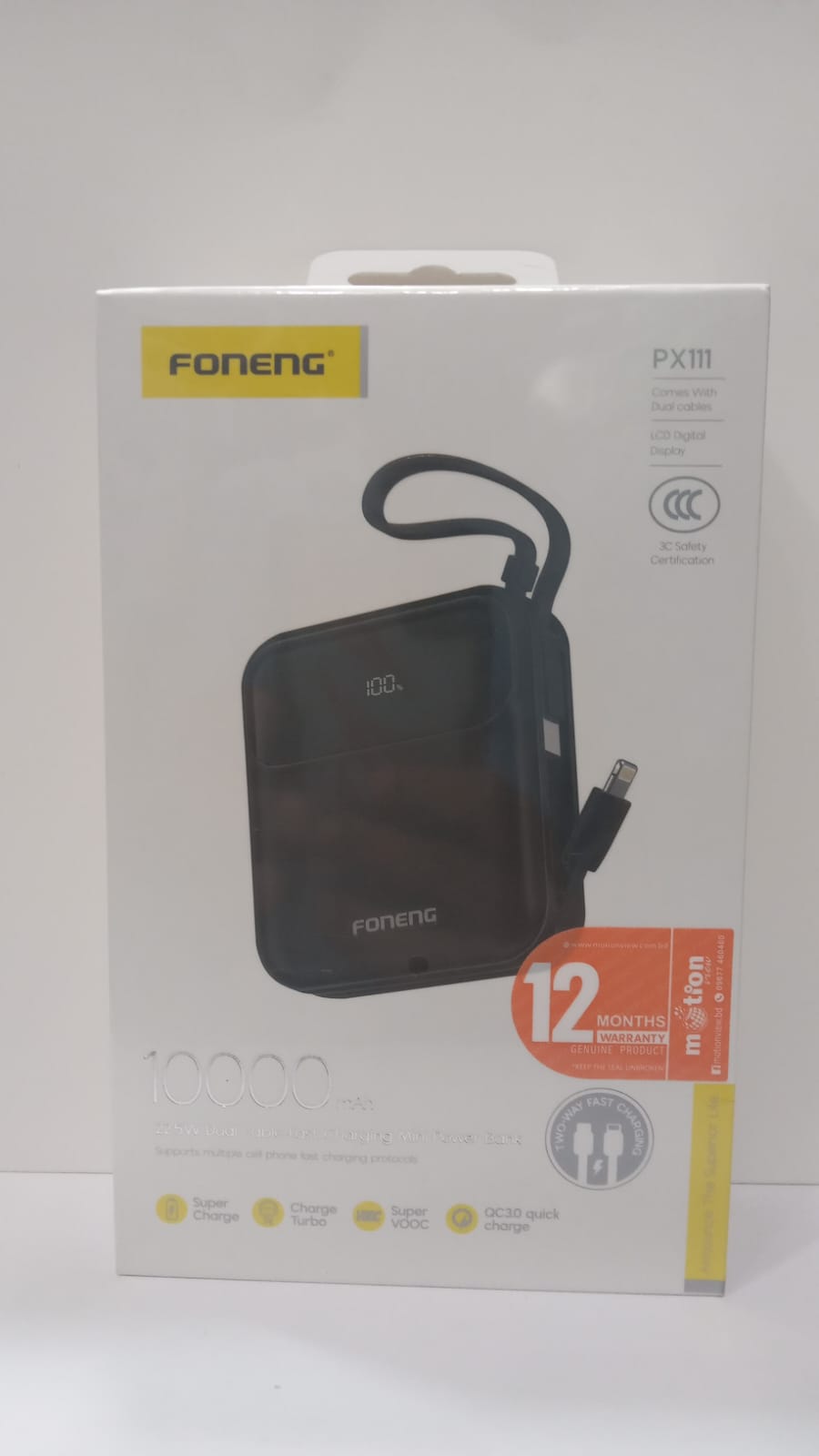 FONENG PX111 10000mAh Mini 22.5W Power Bank with 2 Built-in Cables